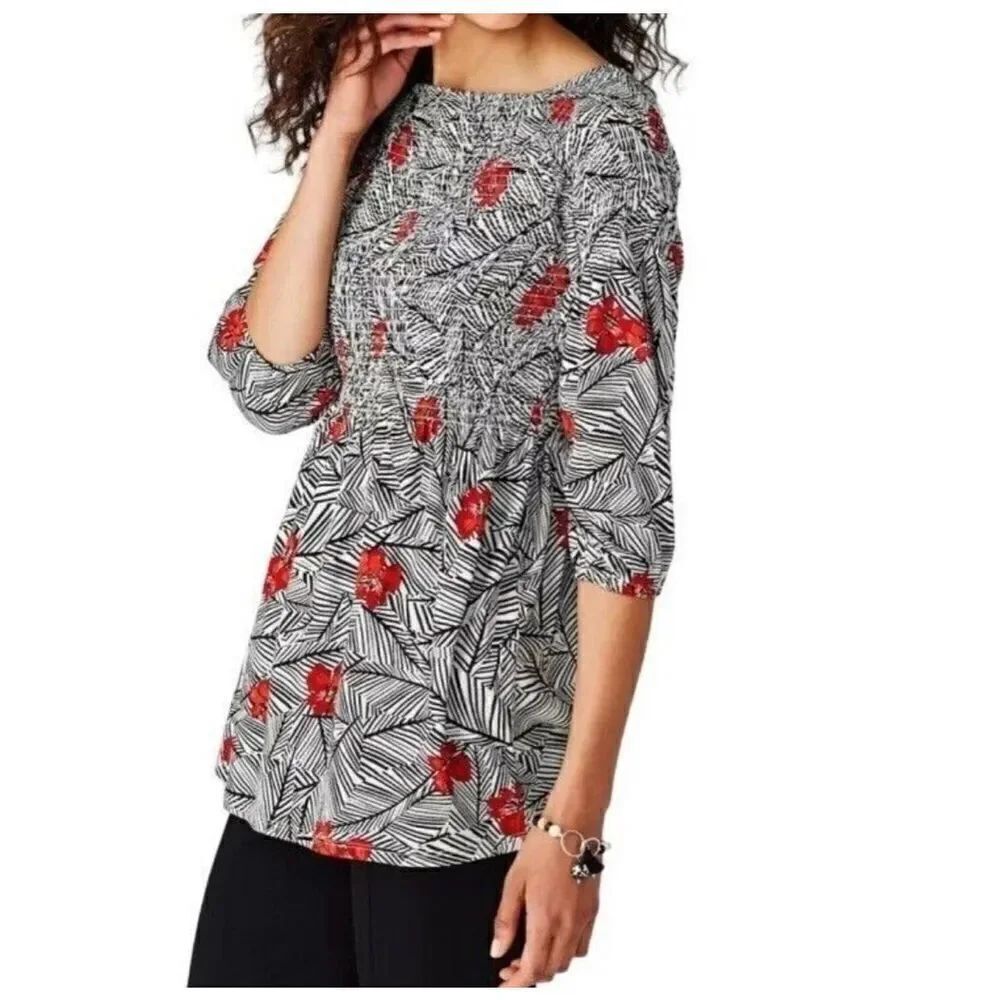J. Jill black white and red floral smocked top sz M